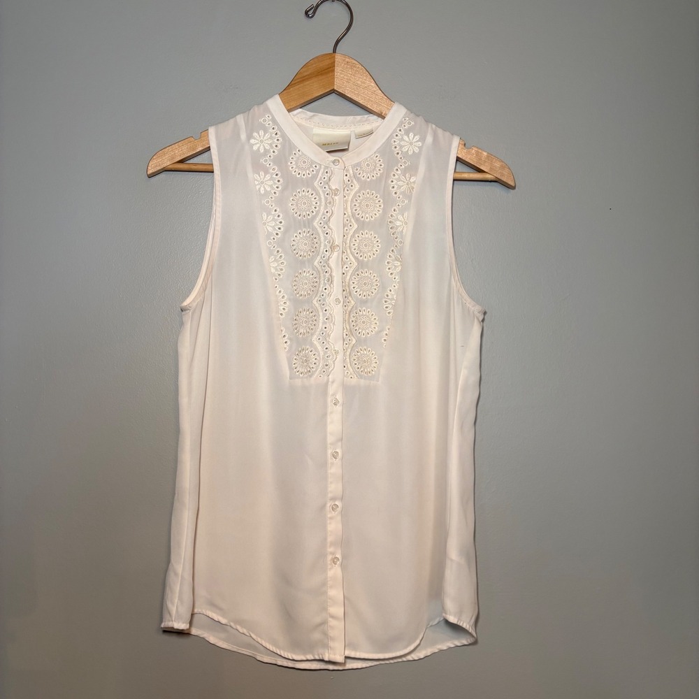 Maeve Anthropologie Ivory Embroidered Sleeveless Button Down Blouse Size 6